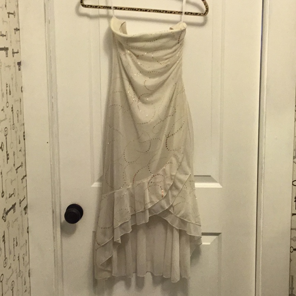 High low cream dress with pink and gold swirls